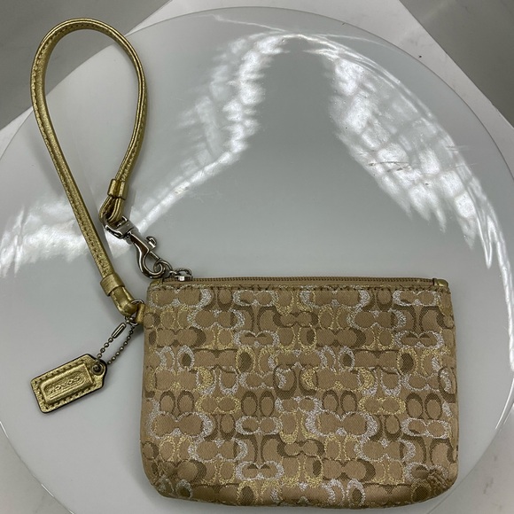 COACH Mini Signature Lurex Small Wristlet Bag Gold/Silver - Picture 1 of 10